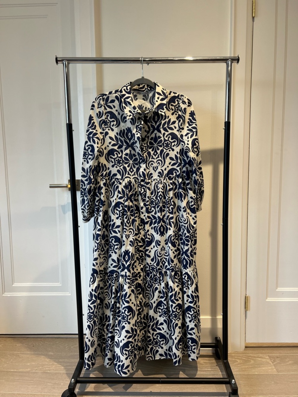 Zara Navy and White Printed Tiered Maxi Shirt Dress